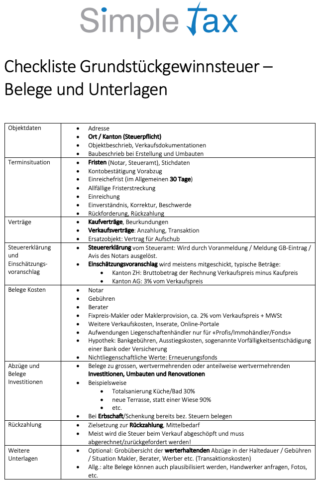 checkliste grundstückgewinnsteuer