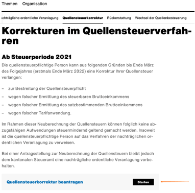 Auszug des Bereichs Korrekturen im Quellensteuerverfahren von der Webseite Quellensteuerpflichtige Personen von der Website zh.ch